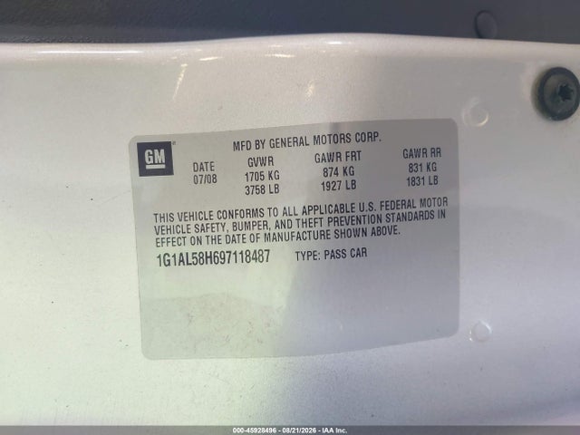 45928496 :رقم المزاد ، 1G1AL58H697118487 vin ، 2009 Chevrolet Cobalt Lt مزاد بيع