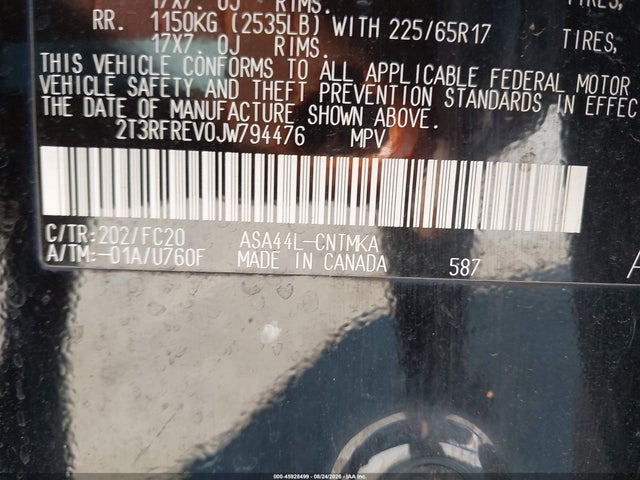 45928499 :رقم المزاد ، 2T3RFREV0JW794476 vin ، 2018 Toyota Rav4 Xle مزاد بيع