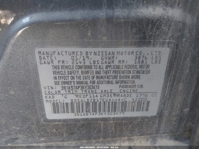 2019 Nissan Sentra Sv მანქანა იყიდება აუქციონზე, vin: 3N1AB7AP3KY303479, აუქციონის ნომერი: 45928500
