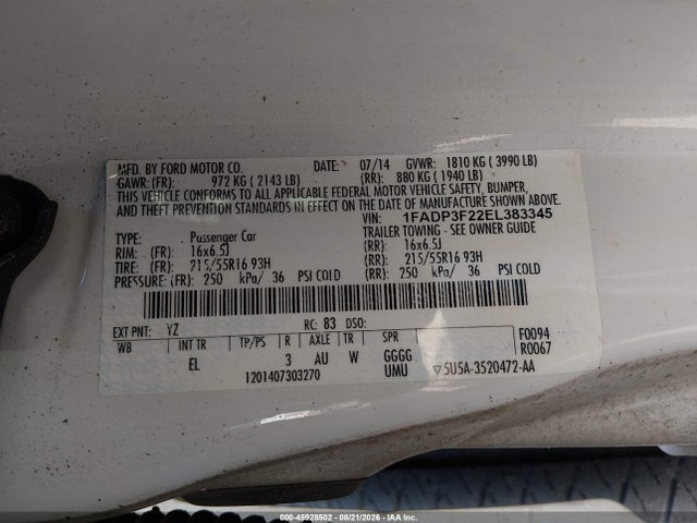 2014 Ford Focus Se მანქანა იყიდება აუქციონზე, vin: 1FADP3F22EL383345, აუქციონის ნომერი: 45928502