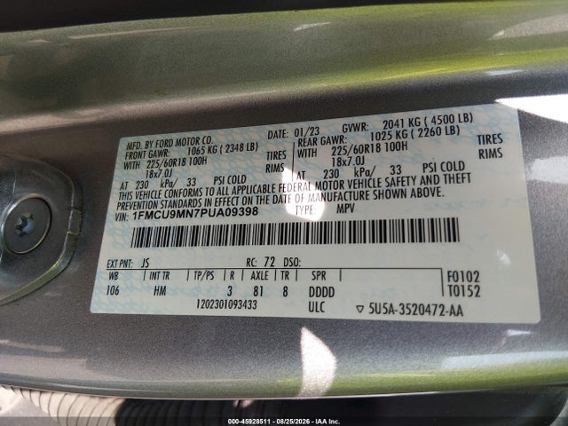 45928511 :رقم المزاد ، 1FMCU9MN7PUA09398 vin ، 2023 Ford Escape St-line مزاد بيع