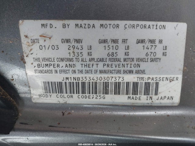 2003 Mazda Mx-5 Miata Cloth/ls/se/shinsen მანქანა იყიდება აუქციონზე, vin: JM1NB353430307373, აუქციონის ნომერი: 45928514