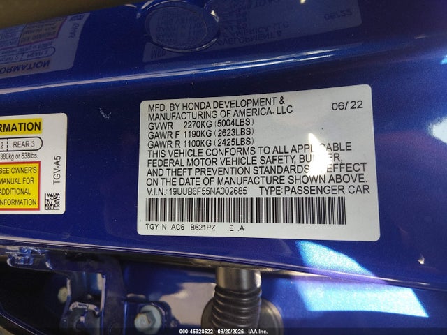 45928522 :رقم المزاد ، 19UUB6F55NA002685 vin ، 2022 Acura Tlx A-spec Package مزاد بيع