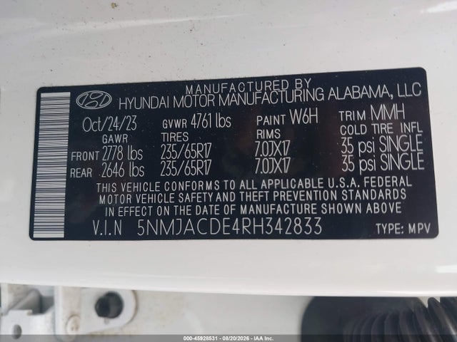 Продажа на аукционе авто 2024 Hyundai Tucson Se, vin: 5NMJACDE4RH342833, номер лота: 45928531