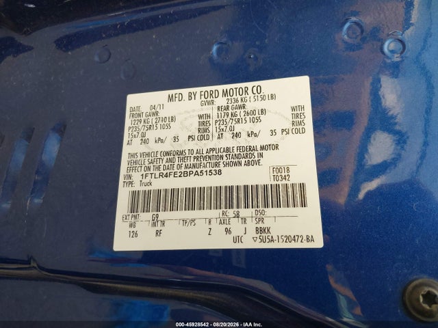 Aukcja sprzedaży 2011 Ford Ranger Xlt, vin: 1FTLR4FE2BPA51538, numer aukcji: 45928542