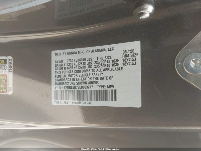 2020 Honda Odyssey მანქანა იყიდება აუქციონზე, vin: 5FNRL6H73LB063277, აუქციონის ნომერი: 45928559