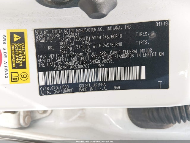 Toyota Highlander Xle 2019 5TDKZRFH4KS309762 Image 9