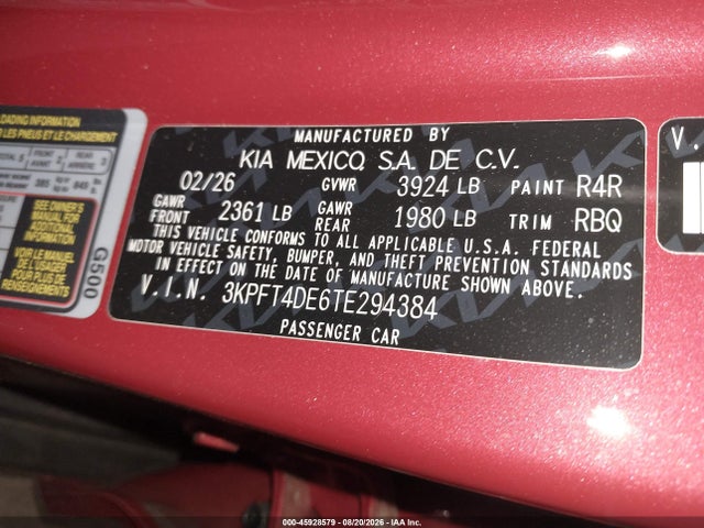 Aukcja sprzedaży 2026 Kia K4 Lxs, vin: 3KPFT4DE6TE294384, numer aukcji: 45928579