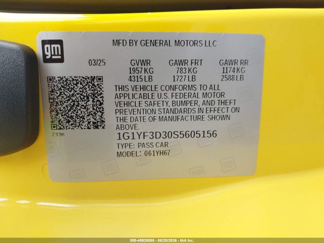 Aukcja sprzedaży 2025 Chevrolet Corvette Z06 Rwd  3lz, vin: 1G1YF3D30S5605156, numer aukcji: 45928588