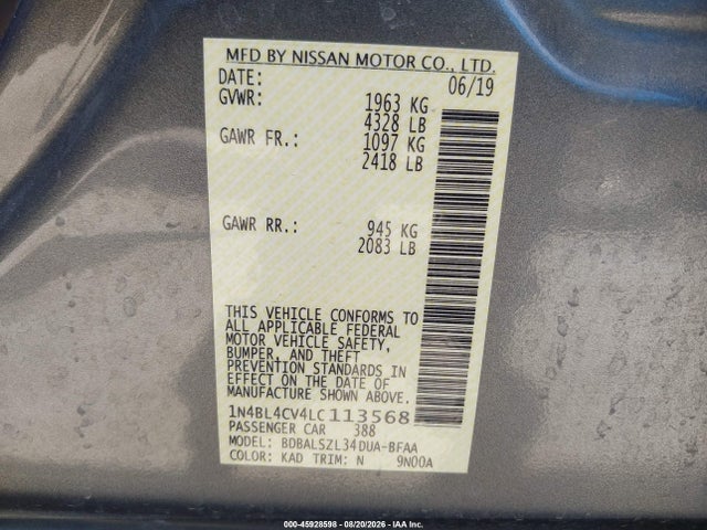 Продаж на аукціоні авто 2020 Nissan Altima Sr Fwd, vin: 1N4BL4CV4LC113568, номер лоту: 45928598