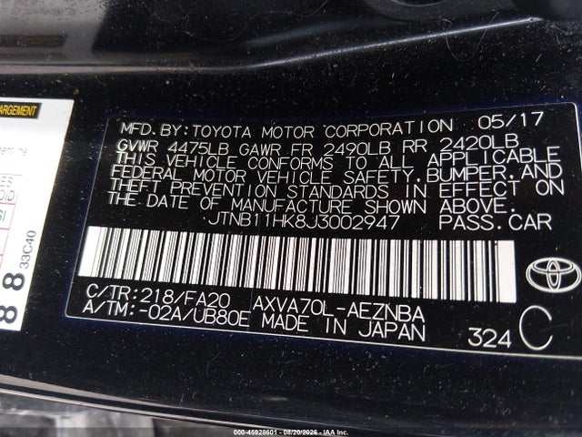 Aukcja sprzedaży 2018 Toyota Camry Le, vin: JTNB11HK8J3002947, numer aukcji: 45928601