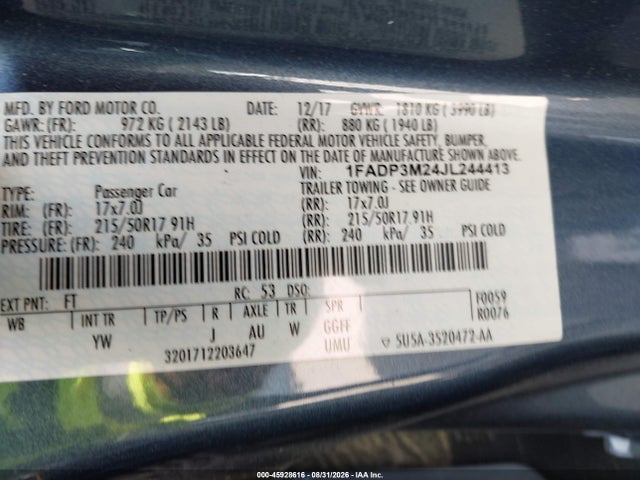 Aukcja sprzedaży 2018 Ford Focus Sel, vin: 1FADP3M24JL244413, numer aukcji: 45928616