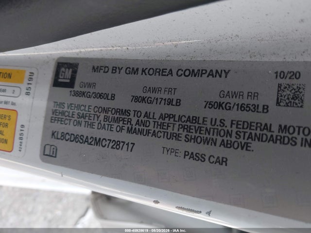 2021 Chevrolet Spark Fwd 1lt Automatic მანქანა იყიდება აუქციონზე, vin: KL8CD6SA2MC728717, აუქციონის ნომერი: 45928619