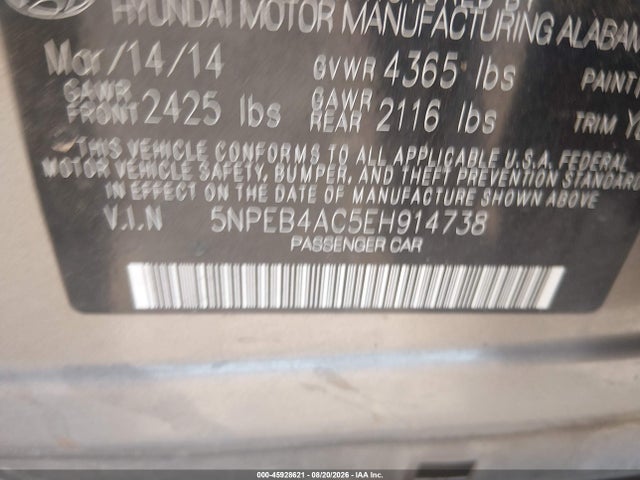 Продажа на аукционе авто 2014 Hyundai Sonata Gls, vin: 5NPEB4AC5EH914738, номер лота: 45928621