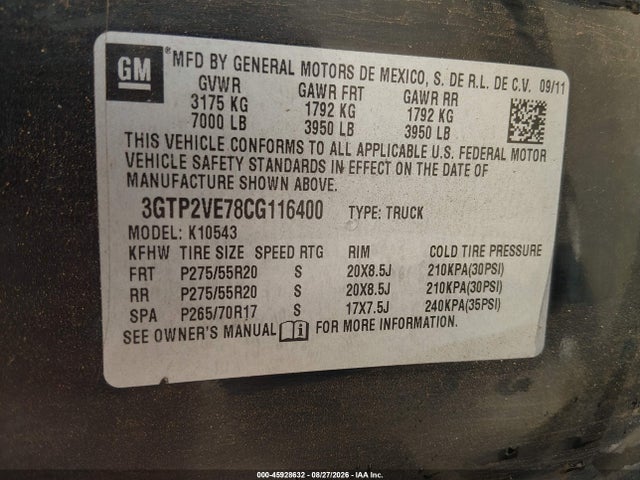 Продаж на аукціоні авто 2012 Gmc Sierra 1500 Sle, vin: 3GTP2VE78CG116400, номер лоту: 45928632