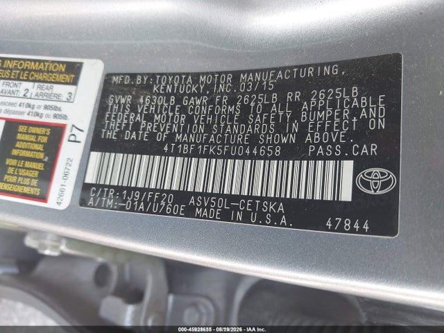 45928635 :رقم المزاد ، 4T1BF1FK5FU044658 vin ، 2015 Toyota Camry Se مزاد بيع