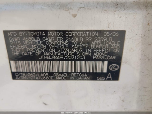 45928659 :رقم المزاد ، JTHBJ46G972021203 vin ، 2007 Lexus Es 350 مزاد بيع