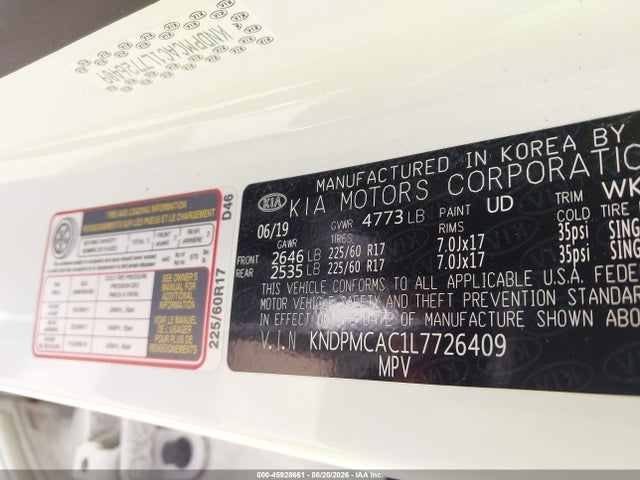 2020 Kia Sportage Lx მანქანა იყიდება აუქციონზე, vin: KNDPMCAC1L7726409, აუქციონის ნომერი: 45928661