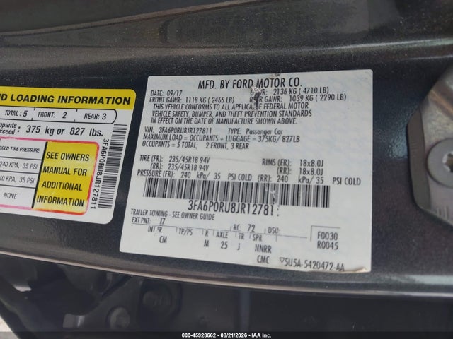 45928662 :رقم المزاد ، 3FA6P0RU8JR127811 vin ، 2018 Ford Fusion Hybrid Titanium مزاد بيع
