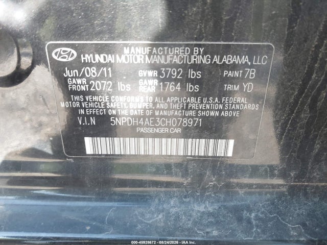 2012 Hyundai Elantra Gls მანქანა იყიდება აუქციონზე, vin: 5NPDH4AE3CH078971, აუქციონის ნომერი: 45928672