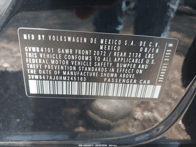 45928673 :رقم المزاد ، 3VWB67AJ0HM245183 vin ، 2017 Volkswagen Jetta 1.4t Se مزاد بيع