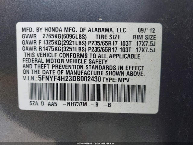 2013 Honda Pilot Lx მანქანა იყიდება აუქციონზე, vin: 5FNYF4H23DB002430, აუქციონის ნომერი: 45928682