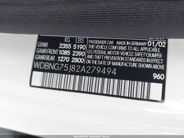 2002 Mercedes-benz S 500 მანქანა იყიდება აუქციონზე, vin: WDBNG75J82A279494, აუქციონის ნომერი: 45928705