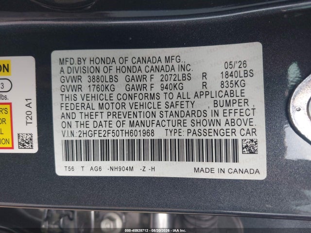Продаж на аукціоні авто 2026 Honda Civic Sport, vin: 2HGFE2F50TH601968, номер лоту: 45928712