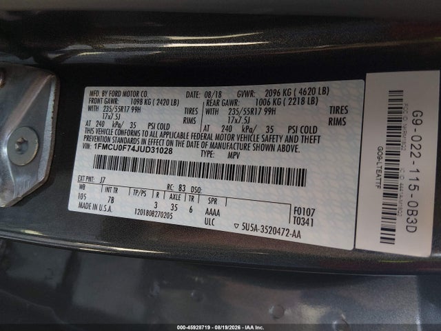 Продажа на аукционе авто 2018 Ford Escape S, vin: 1FMCU0F74JUD31028, номер лота: 45928719