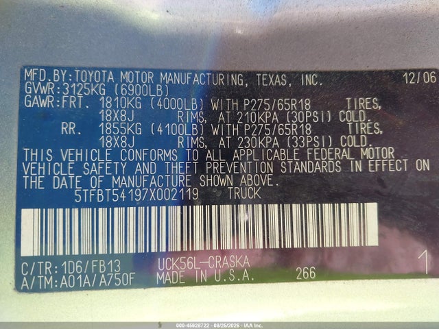 Продажа на аукционе авто 2007 Toyota Tundra Sr5 4.7l V8, vin: 5TFBT54197X002119, номер лота: 45928722