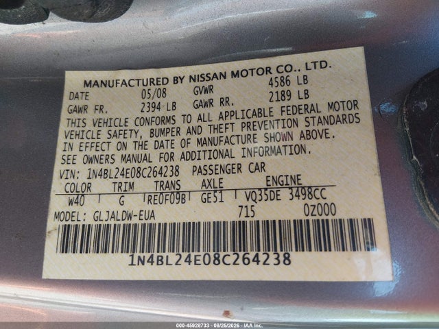 Aukcja sprzedaży 2008 Nissan Altima 3.5 Se, vin: 1N4BL24E08C264238, numer aukcji: 45928733