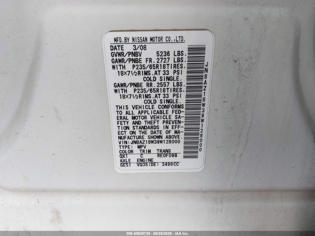 Aukcja sprzedaży 2009 Nissan Murano Sl, vin: JN8AZ18W39W128000, numer aukcji: 45928735