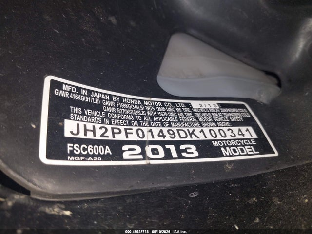 Aukcja sprzedaży 2013 Honda Fsc600 A, vin: JH2PF0149DK100341, numer aukcji: 45928736