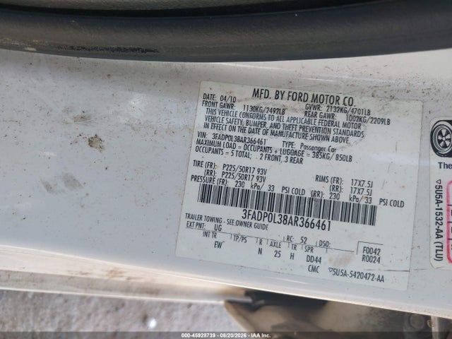 2010 Ford Fusion Hybrid მანქანა იყიდება აუქციონზე, vin: 3FADP0L38AR366461, აუქციონის ნომერი: 45928739