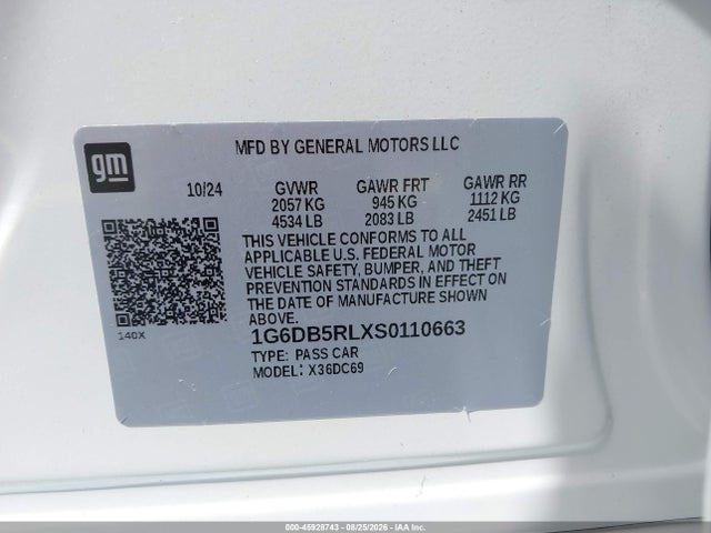 45928743 :رقم المزاد ، 1G6DB5RLXS0110663 vin ، 2025 Cadillac Ct4 Premium Luxury Rwd مزاد بيع