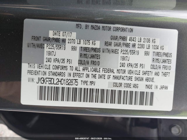 45928747 :رقم المزاد ، JM3KFBDL2H0182875 vin ، 2017 Mazda Cx-5 Grand Touring مزاد بيع