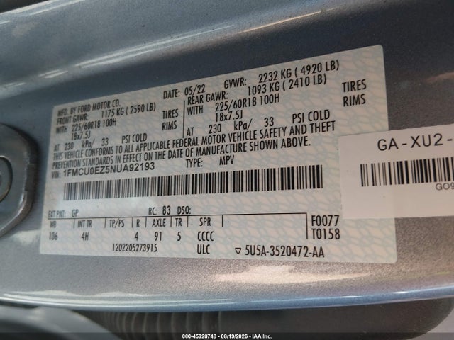 Продажа на аукционе авто 2022 Ford Escape Se Plug-in Hybrid, vin: 1FMCU0EZ5NUA92193, номер лота: 45928748