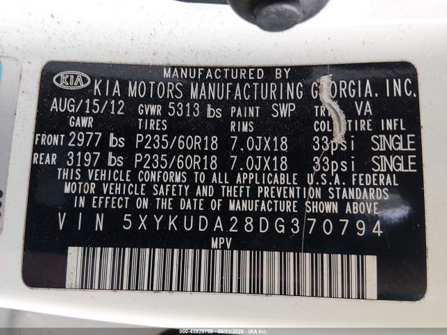 45928758 :رقم المزاد ، 5XYKUDA28DG370794 vin ، 2013 Kia Sorento Ex V6 مزاد بيع