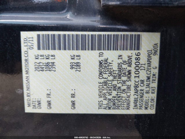 Aukcja sprzedaży 2012 Nissan Altima 3.5 Sr, vin: 1N4BL2AP8CC100086, numer aukcji: 45928762
