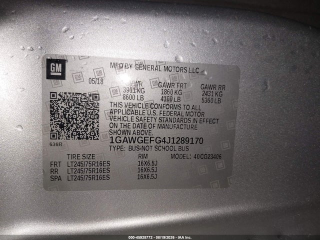 2018 Chevrolet Express 2500 Ls მანქანა იყიდება აუქციონზე, vin: 1GAWGEFG4J1289170, აუქციონის ნომერი: 45928772