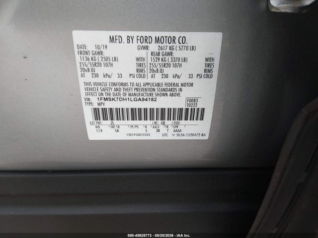 Aukcja sprzedaży 2020 Ford Explorer Xlt, vin: 1FMSK7DH1LGA94182, numer aukcji: 45928773