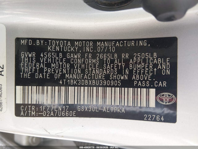 2011 Toyota Avalon Limited მანქანა იყიდება აუქციონზე, vin: 4T1BK3DBXBU390905, აუქციონის ნომერი: 45928778