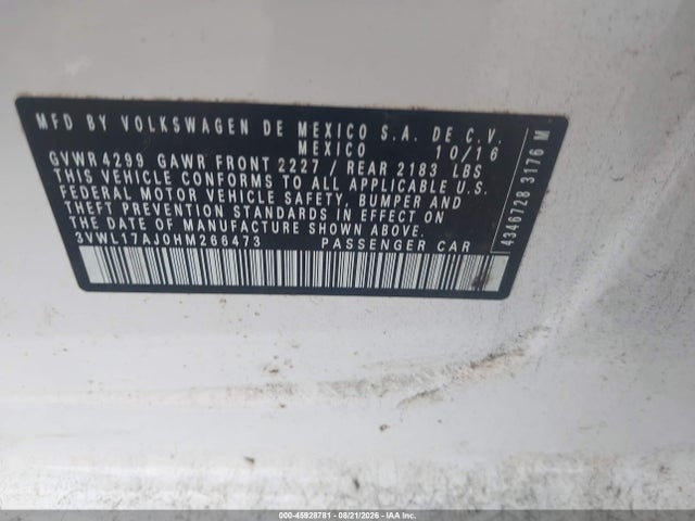 Aukcja sprzedaży 2017 Volkswagen Jetta 1.8t Sel/1.8t Sel Premium, vin: 3VWL17AJ0HM266473, numer aukcji: 45928781