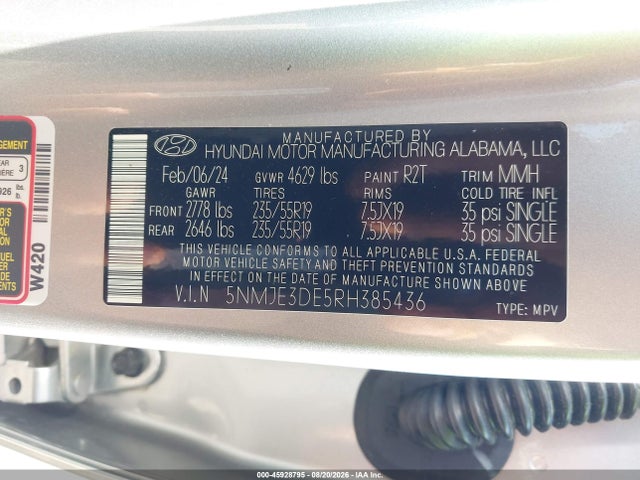 Aukcja sprzedaży 2024 Hyundai Tucson Limited, vin: 5NMJE3DE5RH385436, numer aukcji: 45928795