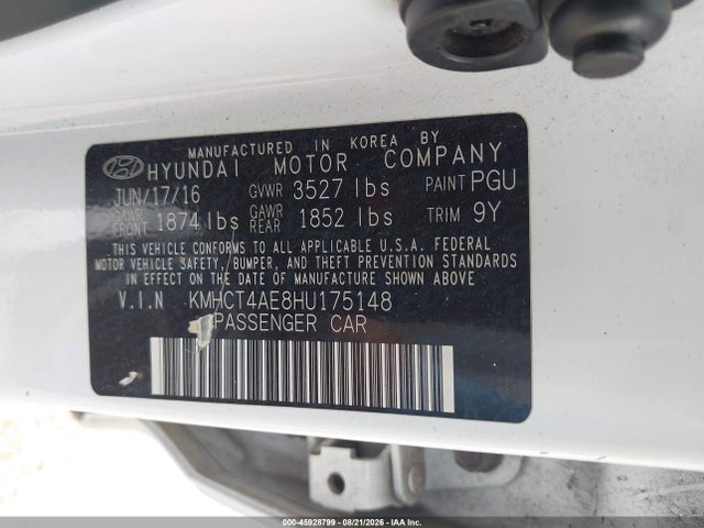 2017 Hyundai Accent Se მანქანა იყიდება აუქციონზე, vin: KMHCT4AE8HU175148, აუქციონის ნომერი: 45928799