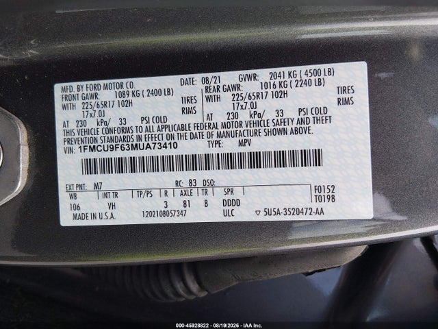 45928822 :رقم المزاد ، 1FMCU9F63MUA73410 vin ، 2021 Ford Escape S مزاد بيع