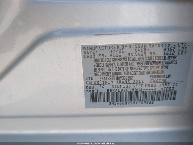 Aukcja sprzedaży 2021 Nissan Sentra S Xtronic Cvt, vin: 3N1AB8BV1MY309352, numer aukcji: 45928826