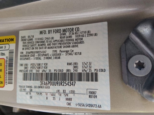 Продажа на аукционе авто 2018 Ford Fusion Hybrid S, vin: 3FA6P0UU9JR254347, номер лота: 45928831