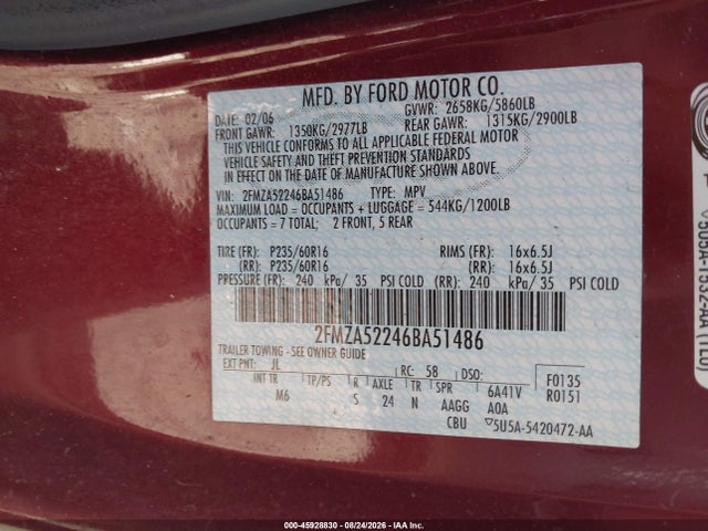 45928830 :رقم المزاد ، 2FMZA52246BA51486 vin ، 2006 Ford Freestar Sel مزاد بيع