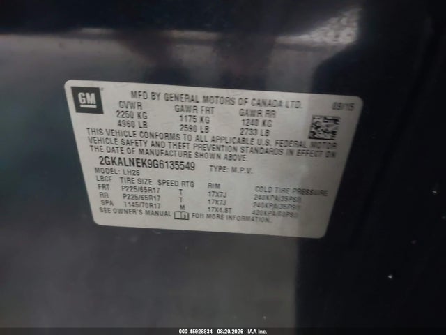 Продаж на аукціоні авто 2016 Gmc Terrain Sle-2, vin: 2GKALNEK9G6135549, номер лоту: 45928834